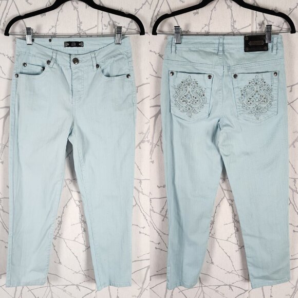 Tru Luxe Pastel Mint Green Embellished Skinny Capri Jeans - Picture 5 of 6